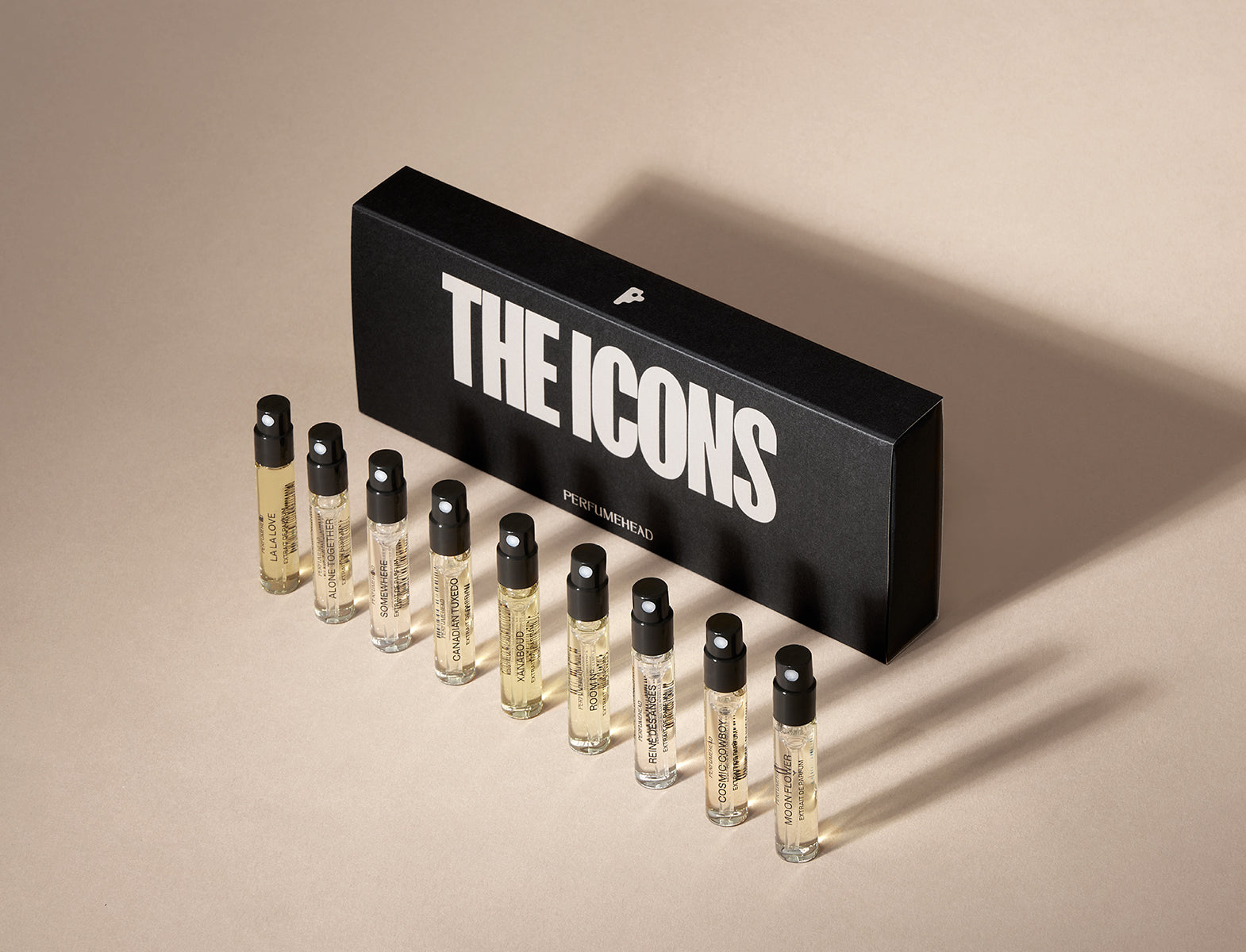 The ICONS Collection by Perfumehead. Nine extrait de parfum fragrance samples and box.