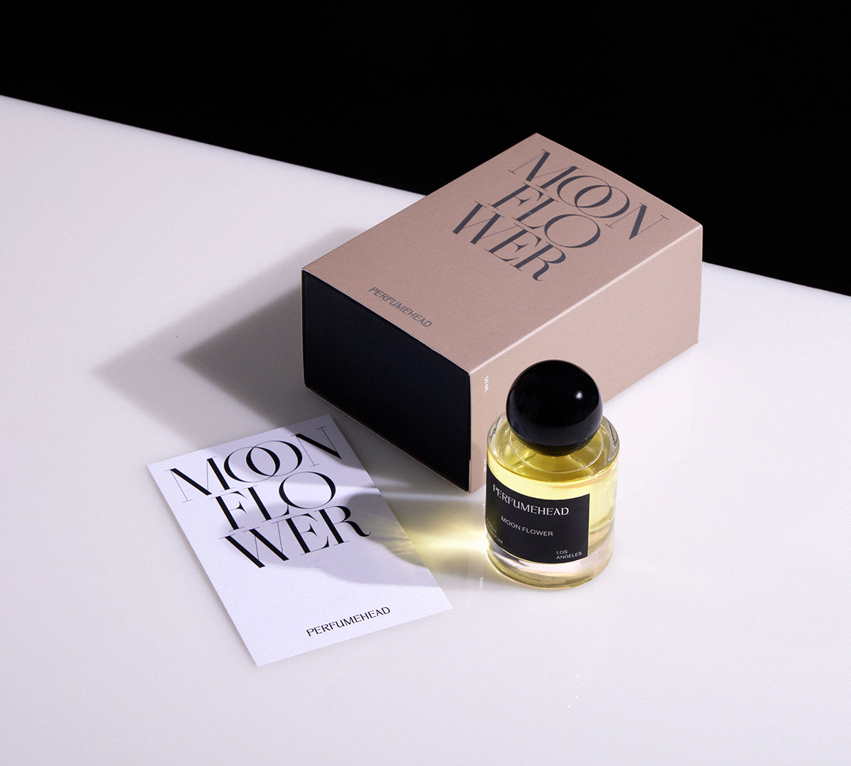 Moon Flower extrait de parfum 50ml signature spray bottle, box and typography