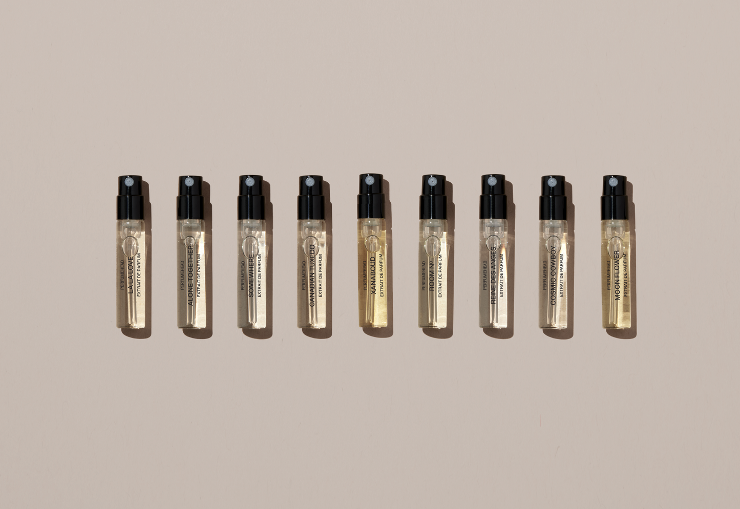 The ICONS Collection by Perfumehead. Nine extrait de parfum fragrance samples in their vials.