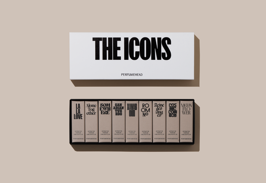 The ICONS Collection by Perfumehead. Nine extrait de parfum fragrance samples in box.