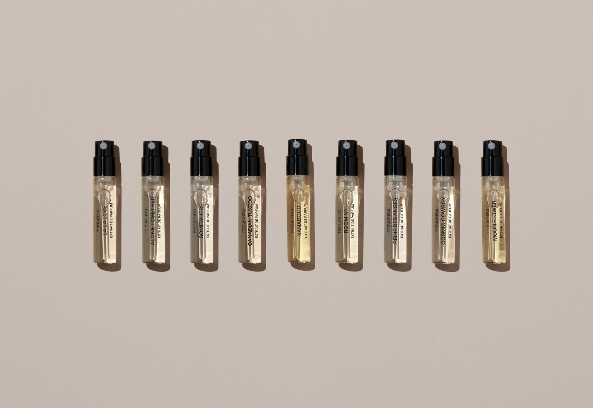 The ICONS Collection by Perfumehead. Nine extrait de parfum fragrance samples in their vials. 