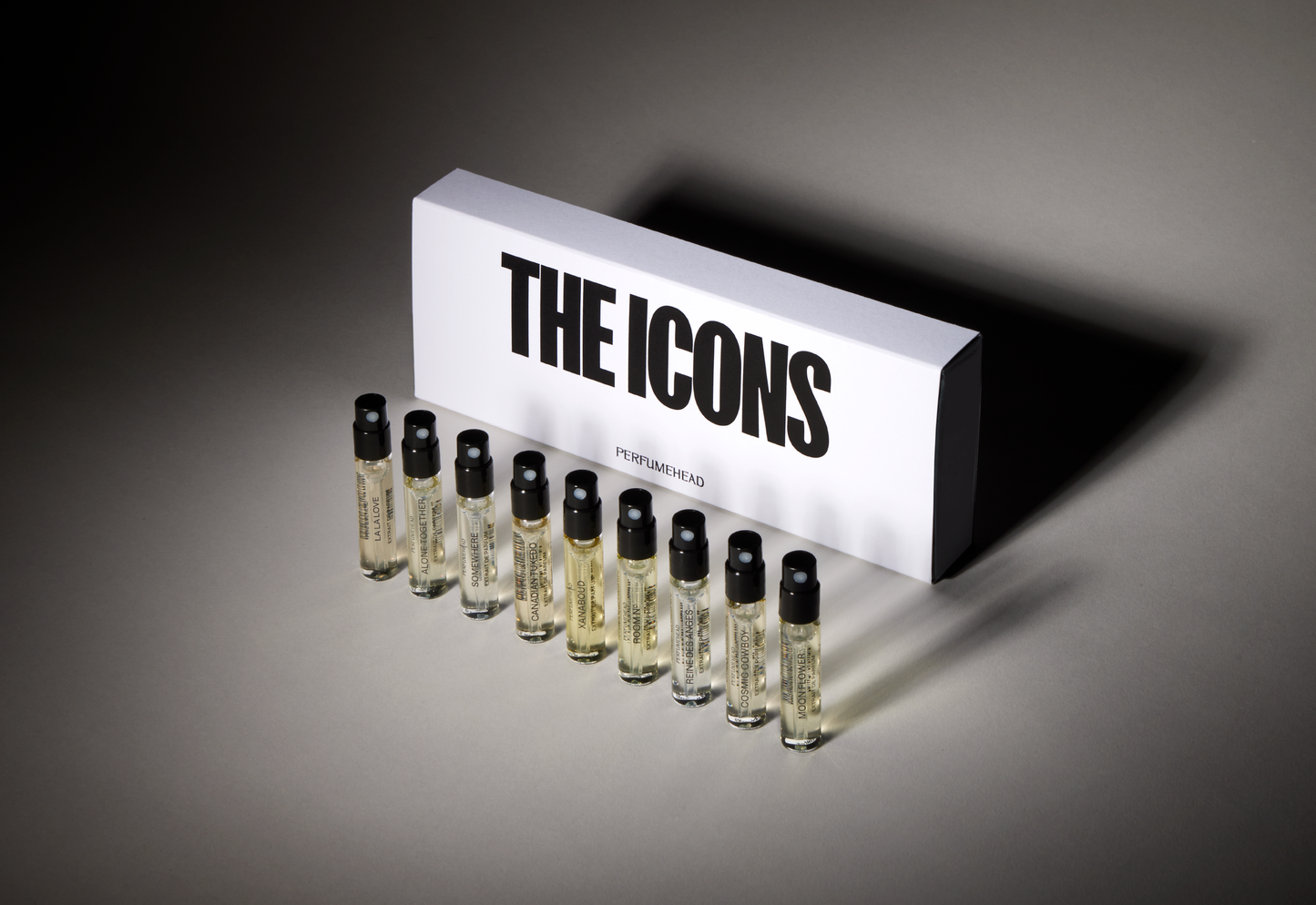 The ICONS Collection by Perfumehead. Nine extrait de parfum fragrance samples. Box and vials. 