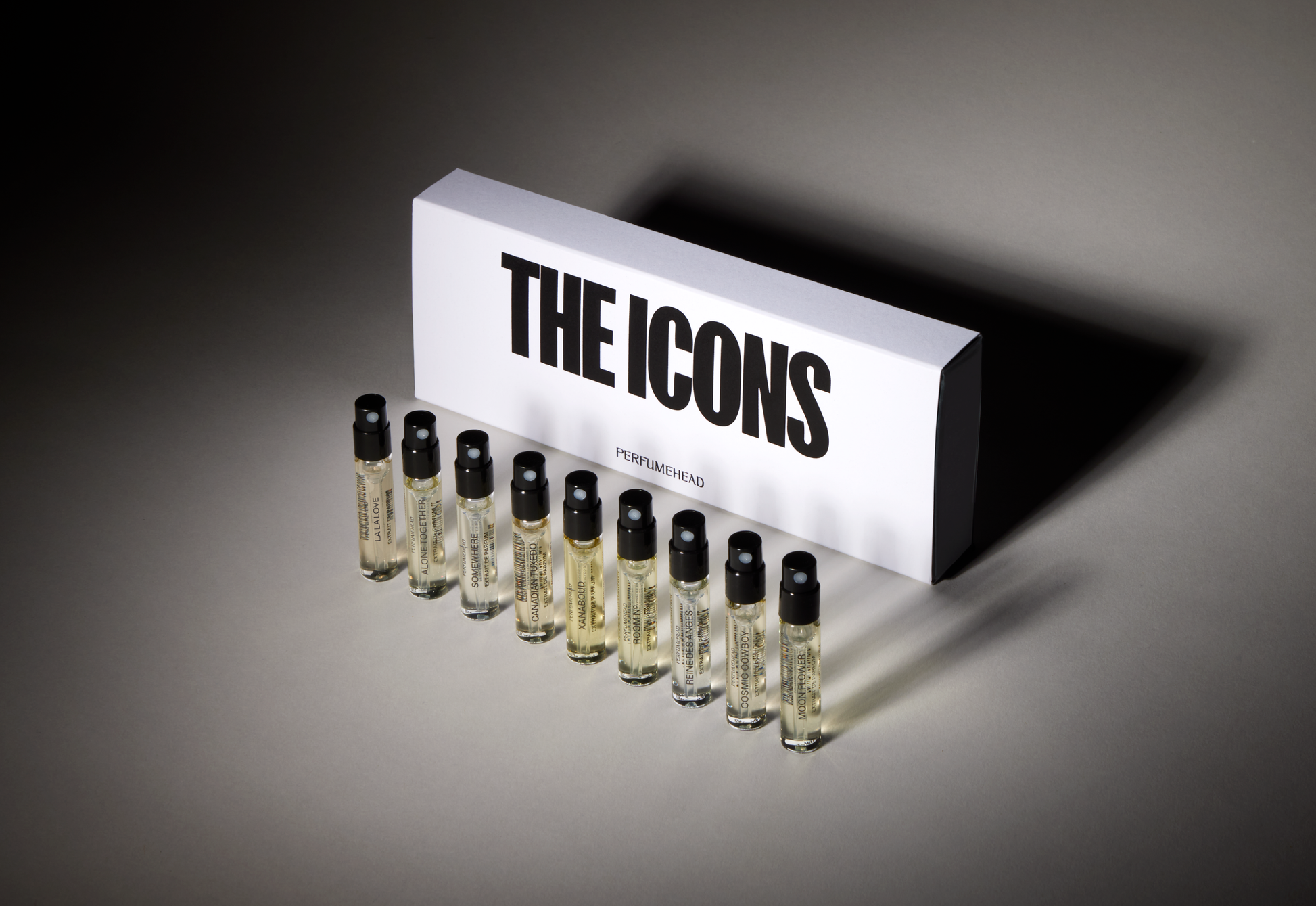 The ICONS Collection by Perfumehead. Nine extrait de parfum fragrance samples. Box and vials. 