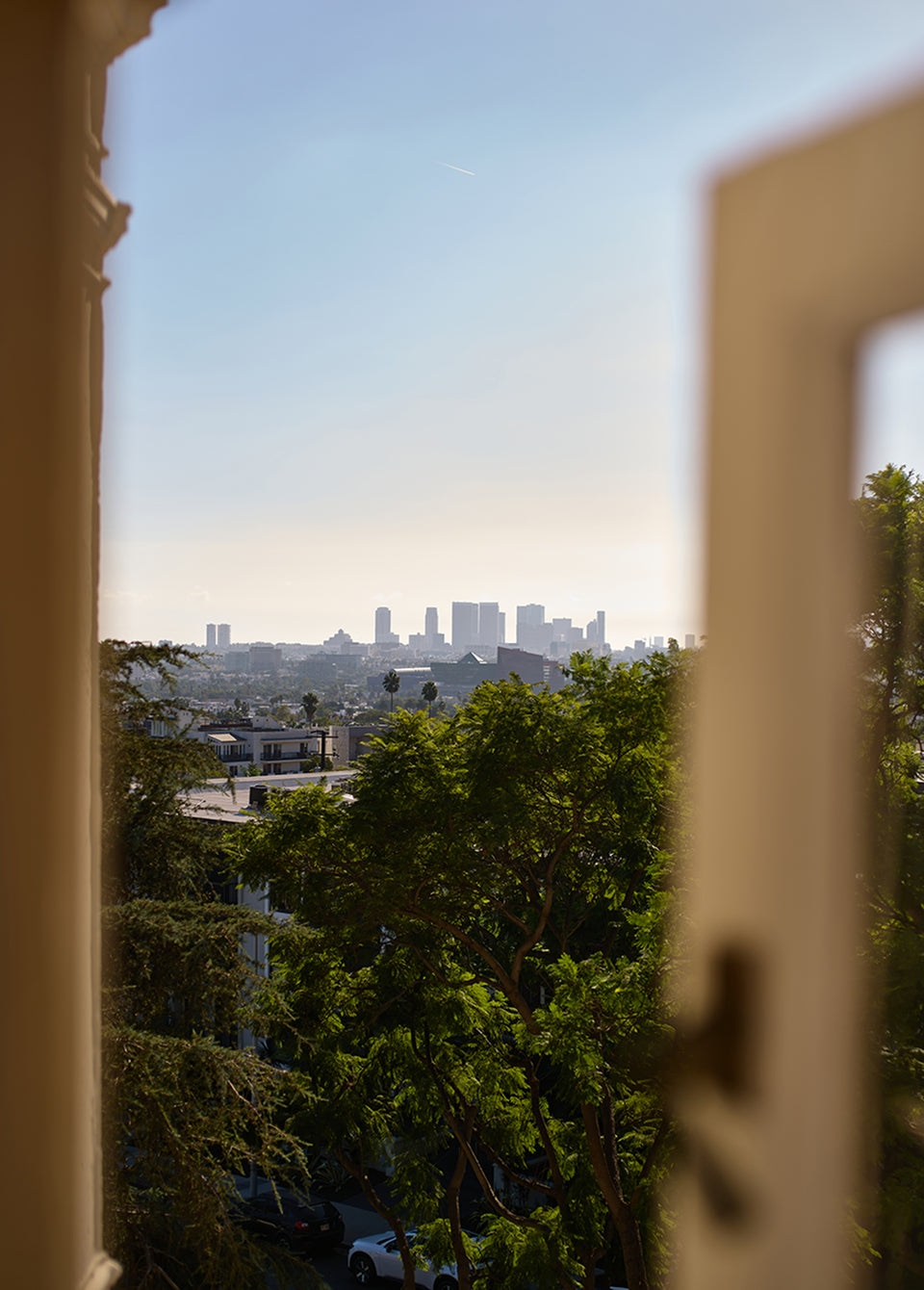A scenic photograph of a city skyline with green trees in the foreground, viewed through an open window with blurred window frames in the foreground.