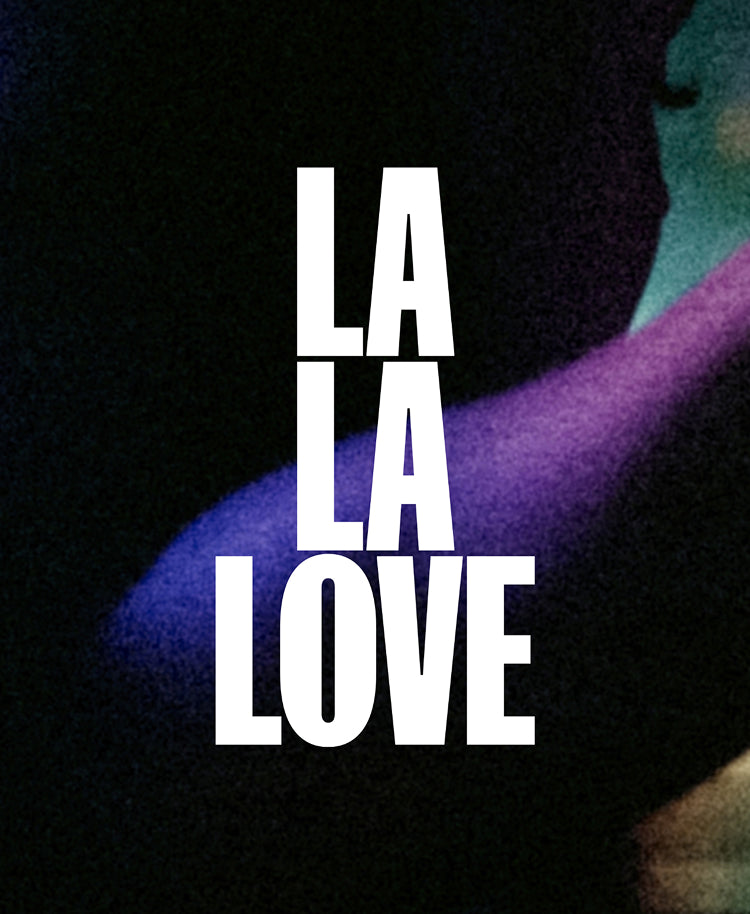 'La La Love' in bold white stacked text over a dark, grainy background with purple and teal lighting on a blurred figure.