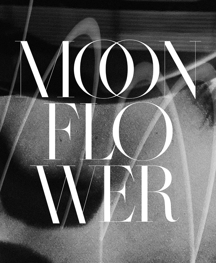 Black and white graphic print featuring the words 'MOON FLOWER' in large white serif letters over an abstract, grainy monochrome background.