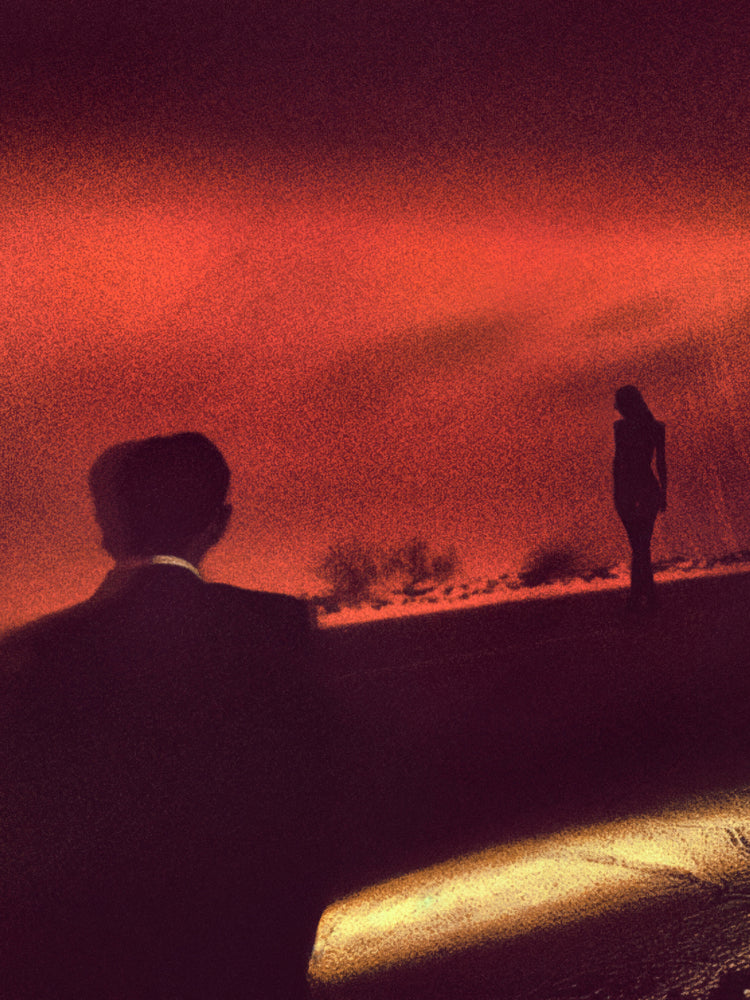 A dramatic, grainy art photograph featuring silhouettes of a man in a suit and a woman standing against a fiery red and orange sky, with a bright light reflecting on the ground.