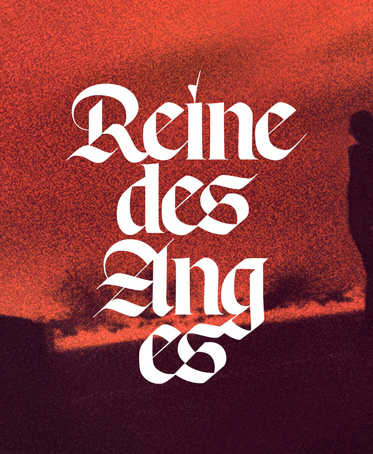 A square graphic with the text 'Reine des Anges' in a large, stylized white gothic font. The background is a textured, grainy red-orange sky with a dark silhouette of a person standing on the right.