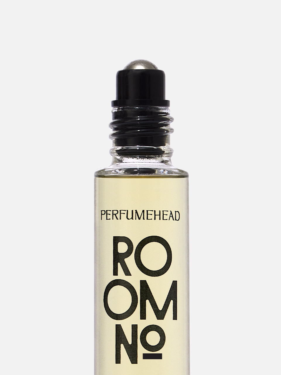 A clear glass perfume rollerball bottle with pale yellow liquid, featuring a black cap and a white label with bold black text reading 'PERFUMEHEAD ROOM NO.'.