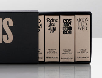 A set of four perfume bottles peeking out of a n a black ICONS presentation box.
