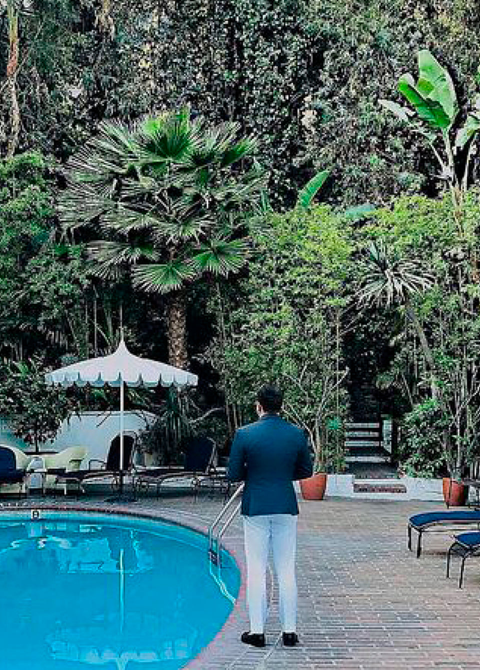 A man in a navy blue blazer and white trousers stands with his back to the camera, looking out from a brick patio next to a swimming pool toward a dense tropical garden with palm trees and lounge chairs.