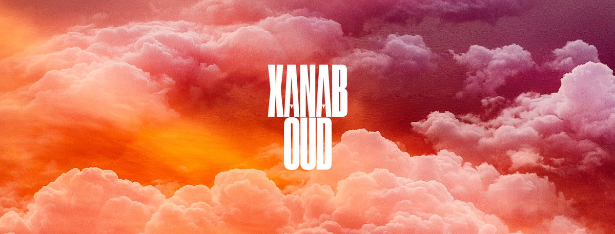 Large white text 'Xanaboud' featuring over a dramatic sky filled with pink, orange, and purple clouds.